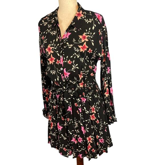 Free People Lighten Up Floral Long Sleeve Collared Black Pink Mini Dress Medium - Picture 7 of 10